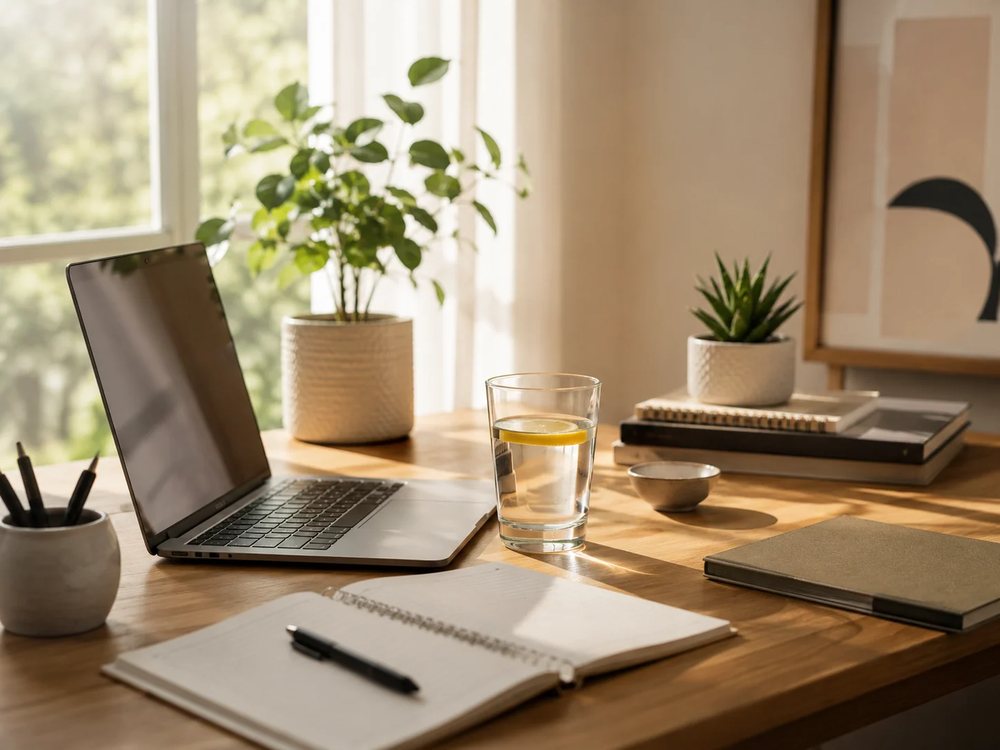Sunlit home desk with a laptop, notebook, glass of water and houseplants